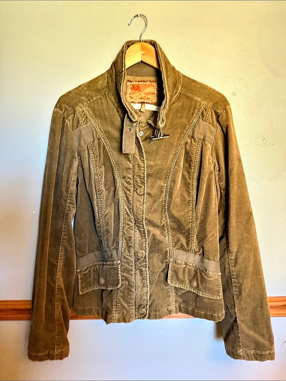 Anthropologie Twill Twenty Two Army Moss Green Velvet Military Jacket L